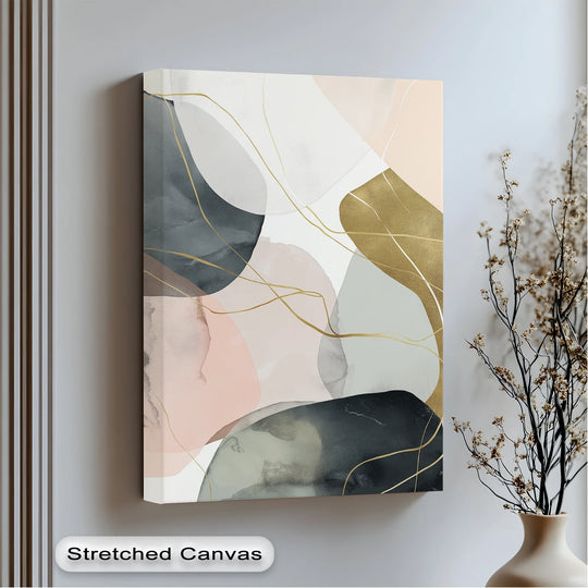 Vertical rectangular orientation showcases a unique canvas print featuring the Golden Contours – Minimalist Earth-Tone Abstract design.