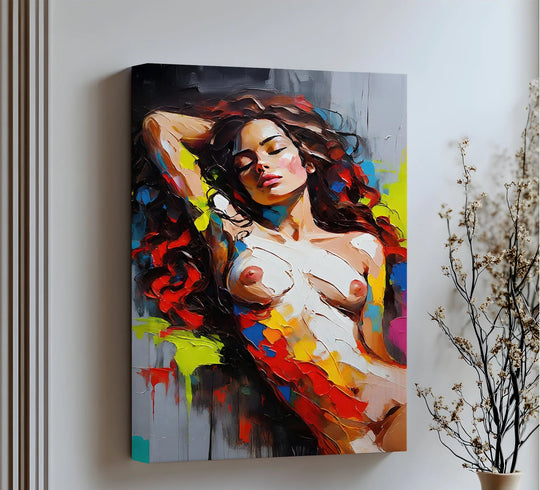 Highlighting the darkest area, this best canvas prints shows an abstract nude reclining woman canvas print with dynamic colorful strokes.