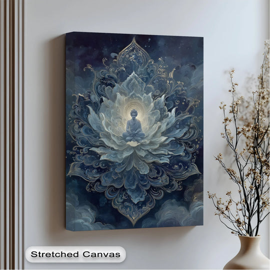 Showing the fine finish of high quality canvas prints, this mystical Buddha meditation canvas print features a beautiful lotus flower design.