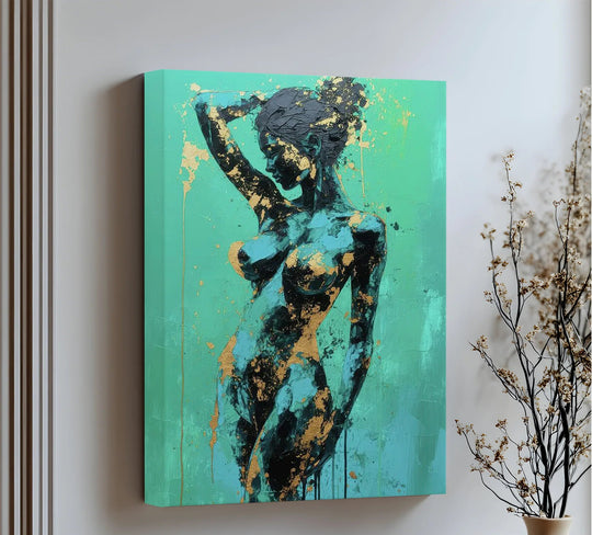 Presenting feminine allure, the golden muse in teal and gold showcases the captivating abstract nude figure as the central subject of these canvas pictures.