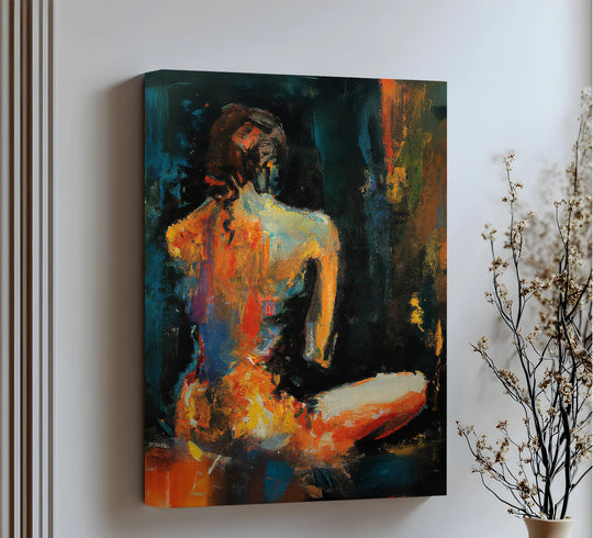 Negative canvas art surrounding the expressive Mystique in Shadows abstract female nude canvas print forms a compelling contrast, highlighting the figure's form.