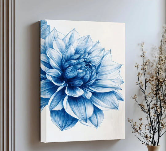 Dynamic, blue strokes give this unique canvas print of an elegant dahlia bloom a swirling sense of motion as if the petals are dancing.