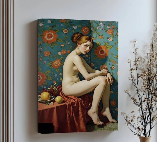 Matte canvas art prints accentuate the floral vintage eroticism of this seated nude canvas print with a refined finish.