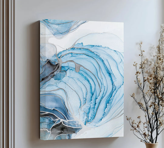 Foreground detail highlights the swirling indigo and slate blue pigments of this abyssal flow abstract ocean design, showcasing the beauty of this canvas art print.