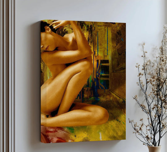 Observe the seamless transition between colors in this golden-toned canvas art print, showcasing an abstract nude woman in a crouched pose.