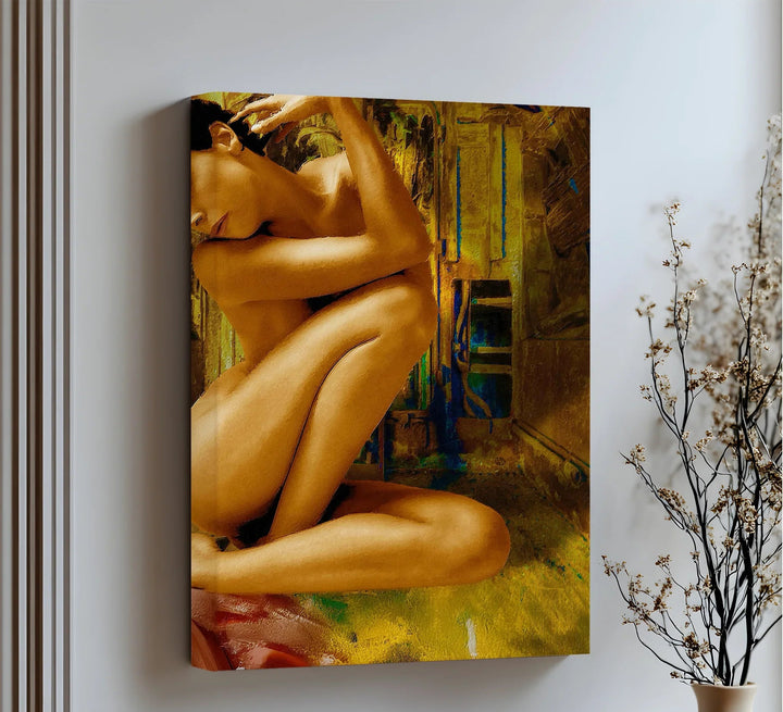 Golden Solitude – Abstract Nude Woman in Crouched Pose Canvas Print - MyPhotoStation