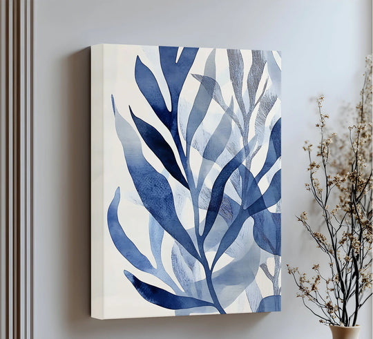 Cool color temperature radiates from the modern blue leaf abstract, an elegant botanical framed canvas print evoking tranquility.