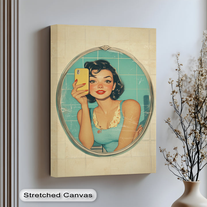 This retro bathroom canvas art features a bold female figure taking a selfie in a mirror, merging classic 1950s style with today’s digital culture in one unforgettable print.


