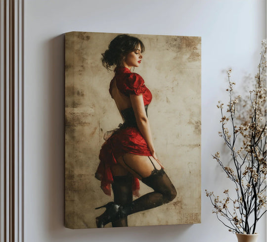 Vintage-inspired crimson allure in the canvas wall decor showcases a seductively elegant woman in a red corset, adding a touch of glamour.