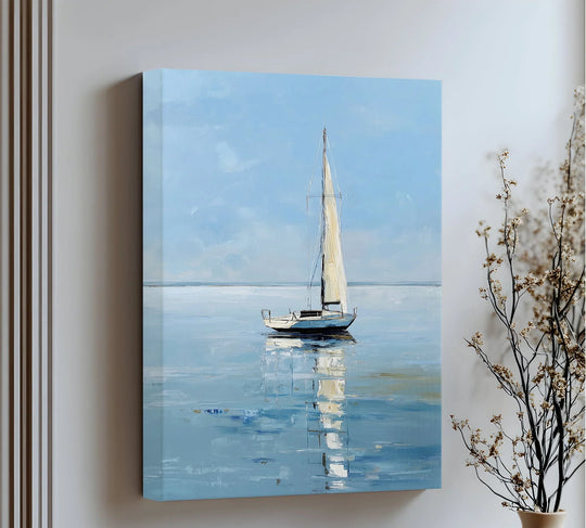 The canvas wall art presents a visual rhythm through the sailboat's serene reflection, creating a tranquil seascape in this 'Solitary Sail' print.