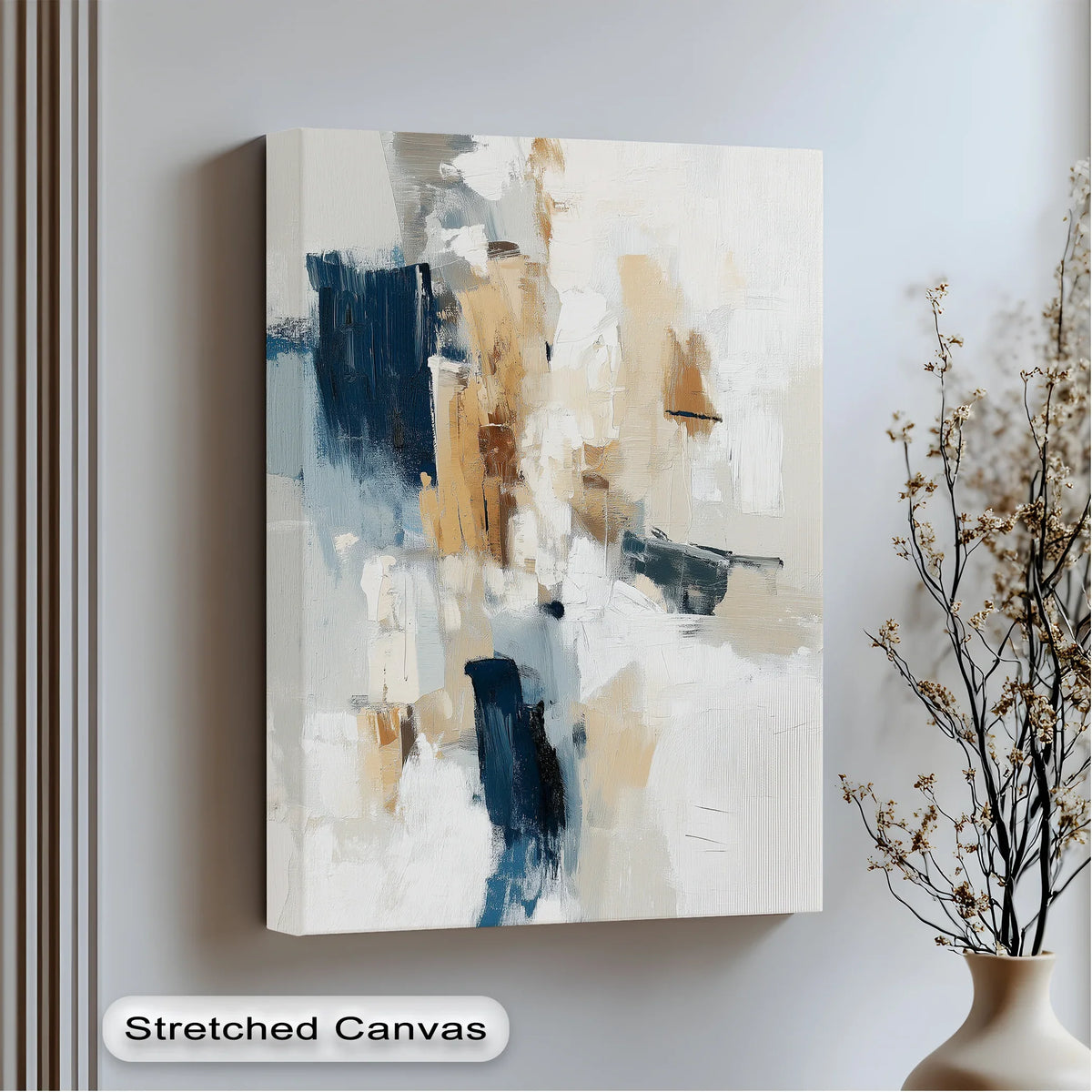 Highlighted edge of the urban earth bold neutrals abstract canvas print showcases a tight, gallery-wrapped border that enhances its modern canvas wall decor appeal.
