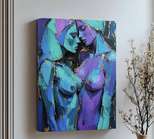 The stillness of this electric intimacy canvas artwork features a beautiful canvas print of two female figures, an abstract representation in violet and blue.