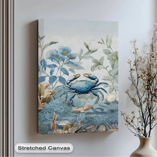 Blue Crab in Botanical Reef – Coastal Nature Canvas Print - MyPhotoStation