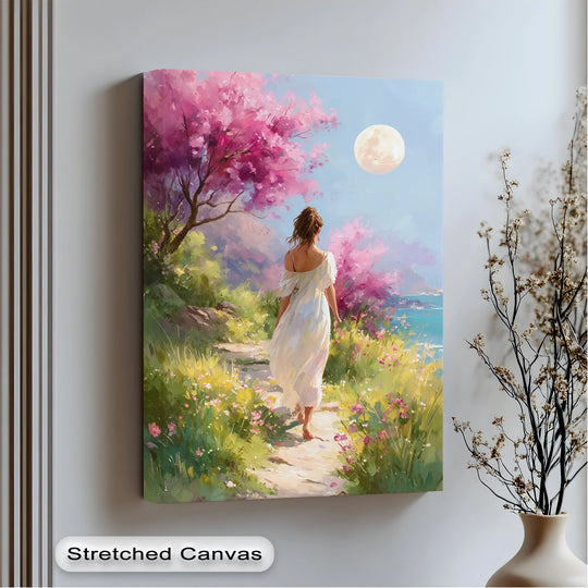 Moonlit Garden Stroll – Romantic Woman in Blossoming Landscape Canvas Print - MyPhotoStation