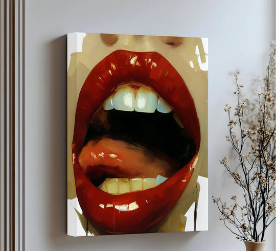 Softly textured skin surrounding the glossy red lips is the tender focal point of this seductive Crimson Seduction big canvas prints piece.