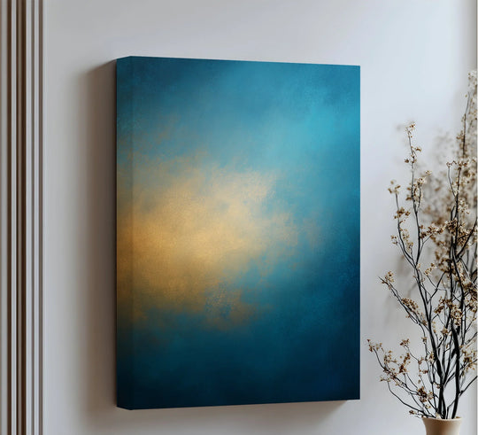 Displayed canvas art features a golden horizon fade over deep blue and amber hues, a serene canvas print.