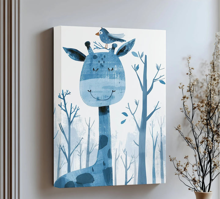 Whimsical Giraffe & Bird in Blue Forest – Kids Animal Blue Canvas Prints - MyPhotoStation
