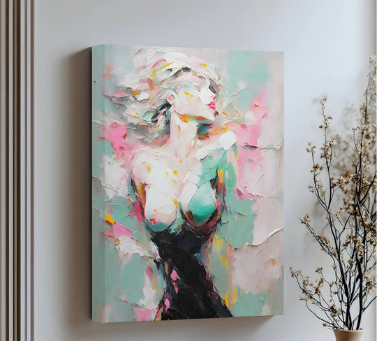 Layering is evident in this dreamlike abstract female figure canvas art prints, creating depth and a sense of movement with soft pastel textures and bold design.