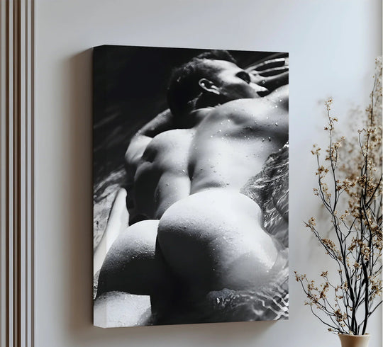 Monochrome male nude as the central subject in water, rendered with striking detail in these beautiful canvas art prints from the Aqua Poise canvas print.