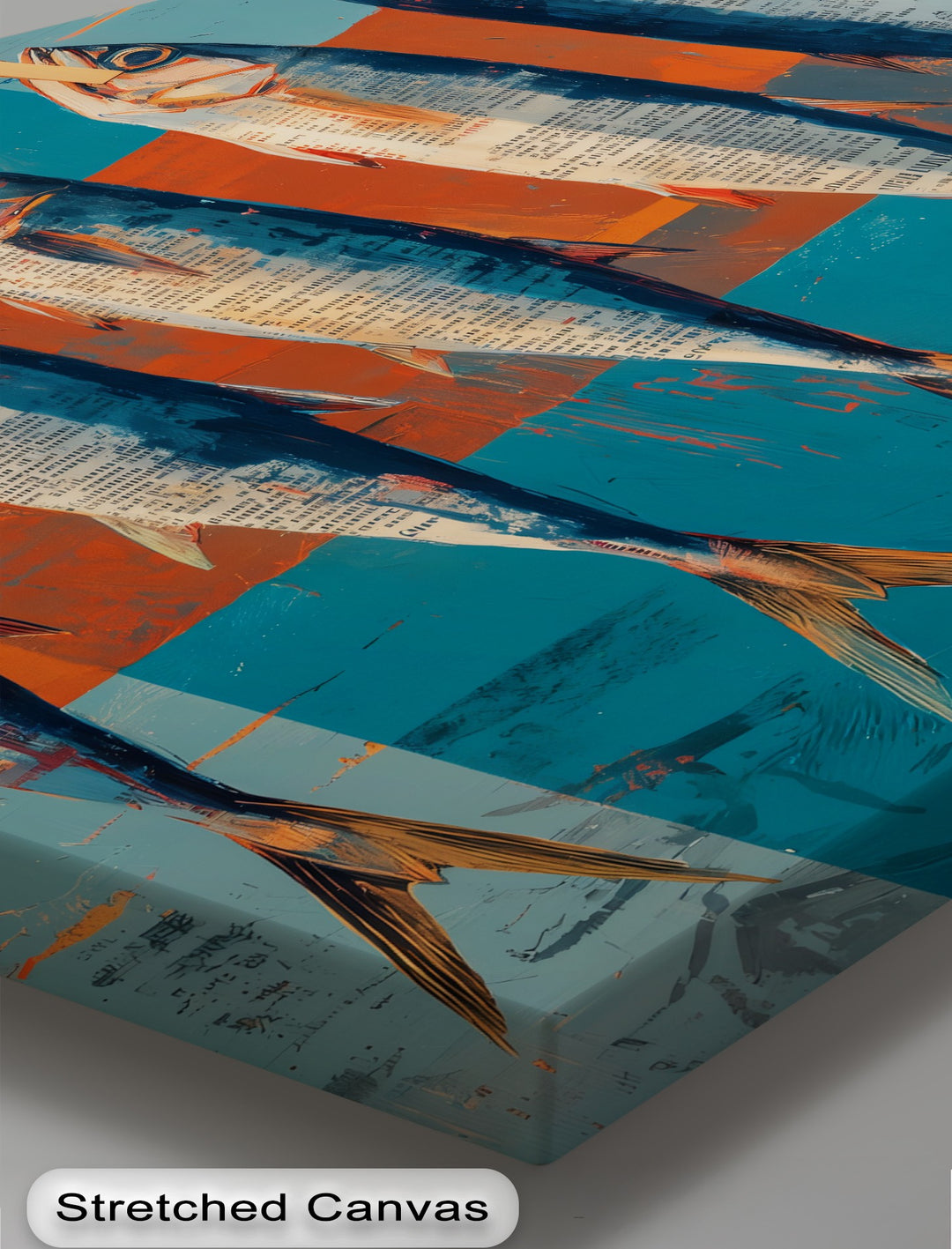 Featuring the brightest area, this modern hanging fish canvas art print displays bold colors and collage textures for an eye-catching piece of coastal kitchen wall décor.