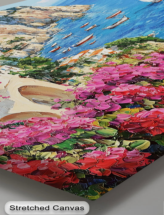 In the background, a vibrant seascape with sailboats accentuates the unique canvas print of the Capri Dreamscape Mediterranean coastline.