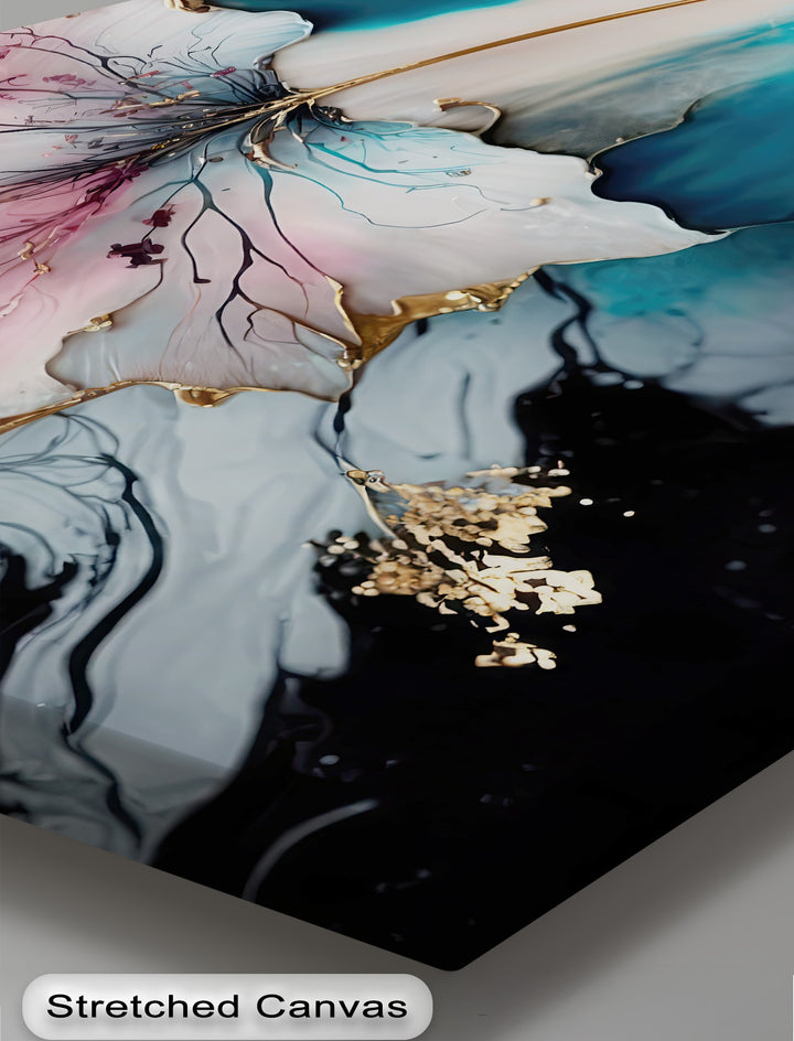 Foreground detail captures rich, dark swirling patterns with dazzling gold flakes on this luxurious abstract flower hanging canvas.