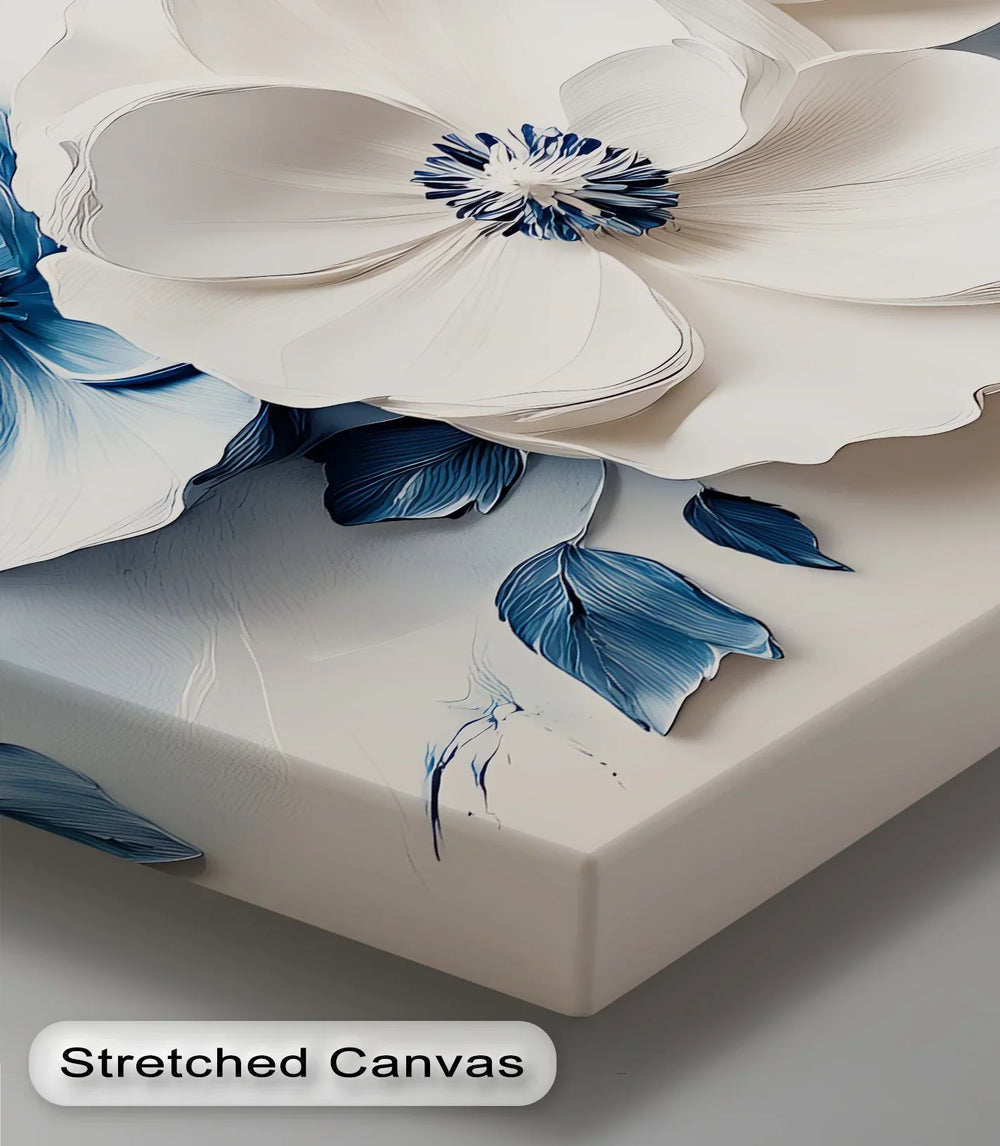 Blue Whisper – minimalist flower canvas art in navy and cream.

