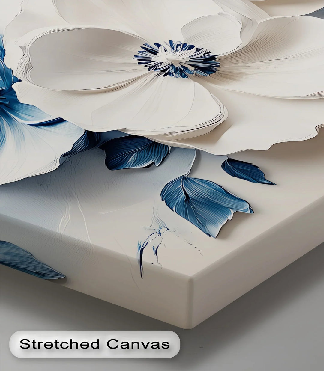 Blue Whisper – minimalist flower canvas art in navy and cream.


