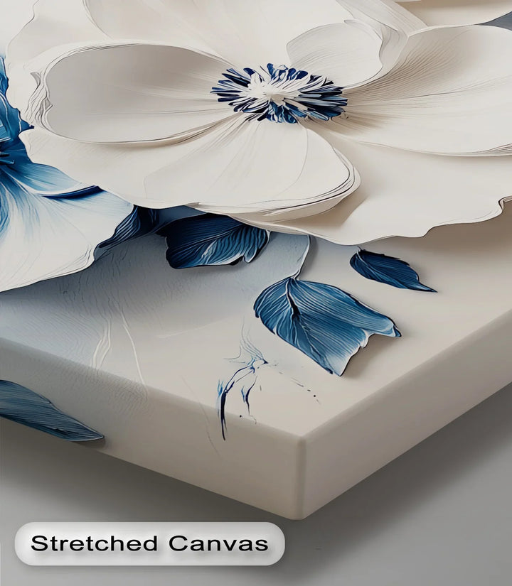 Blue Whisper – minimalist flower canvas art in navy and cream.

