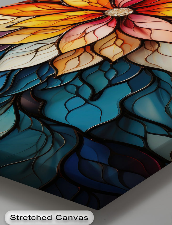 Deep azure and teal hues define this stunning stained glass flower canvas wall decor, showcasing translucent layered petals and vibrant floral art.