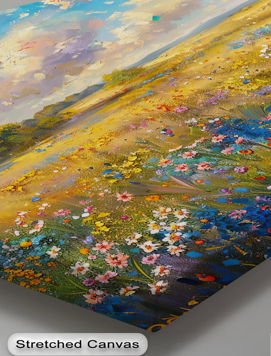 Whimsical mood is evoked by the 'Golden Meadow Bloom' canvas pictures, showcasing a vibrant wildflower landscape with colorful blooms in a dreamy, painterly scene.