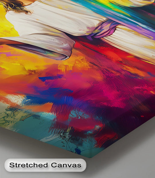 Warm hues transition to cooler tones across the 'Divine Radiance' Jesus outstretched arms canvas art, offering a balanced color temperature for this hanging canvas.