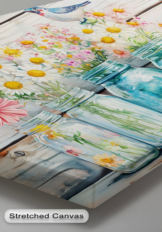 Vertically oriented, the rectangular best canvas prints depict spring wildflowers in mason jars, perfect as cottagecore kitchen wall art.