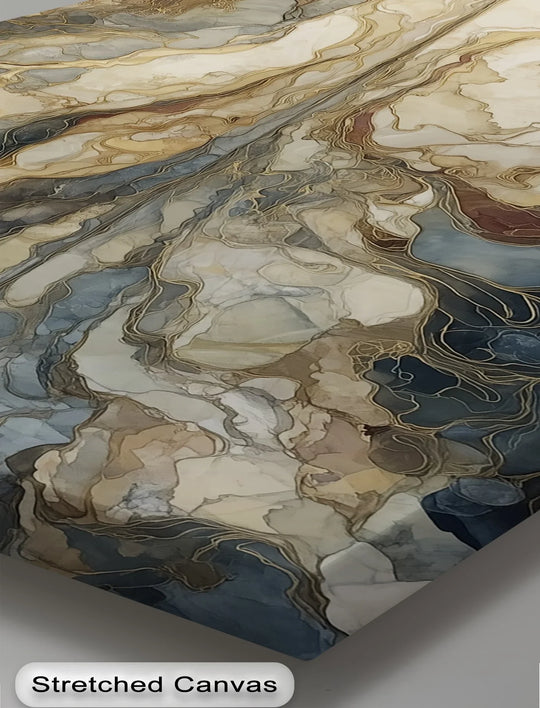 Highlighting the transition between neutral tones and moody blues, this premium canvas decor portrays an abstract golden tree reflected across a fluid, marble-like design.