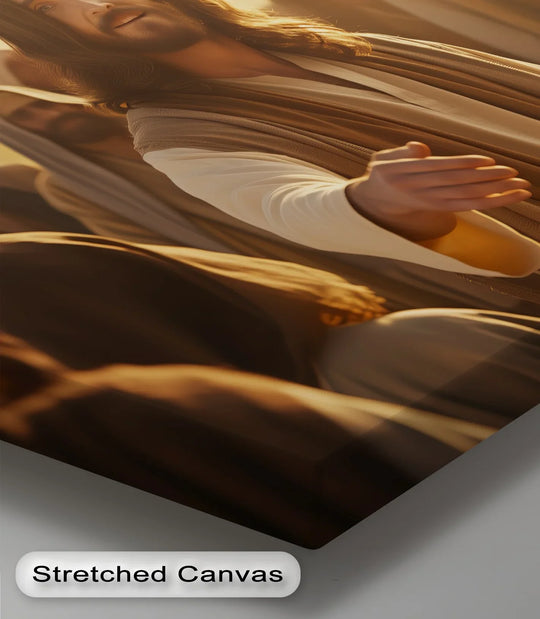 Gradual fading between shades highlights the ethereal, inspiring 'Come, Follow Me' hanging canvas art print of Jesus reaching out.