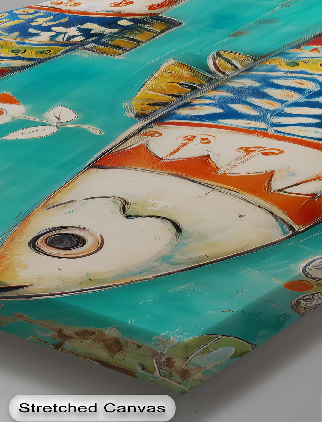 Expertly stretched big canvas prints showcase the colorful folk fish with vibrant detail, highlighting the fine texture of the Scandinavian folk art canvas.