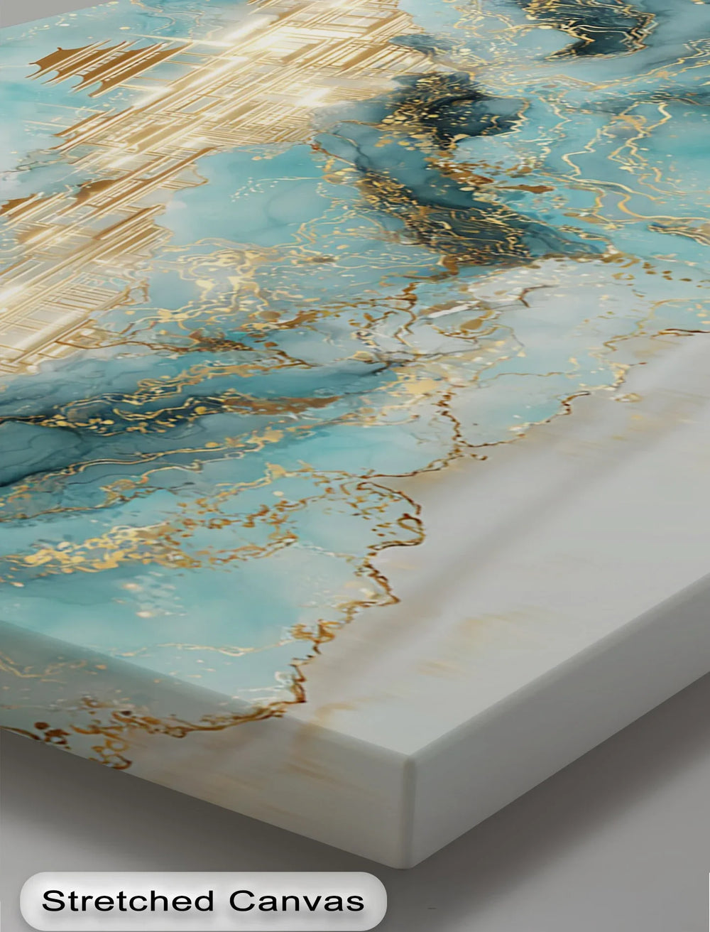 Modern oriental canvas art featuring blue ink textures and luminous architecture

