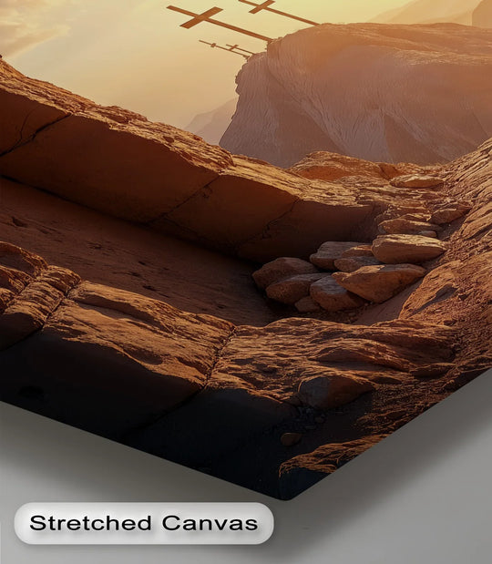 The focal point draws the eye to distant crosses in this 'Resurrection Light' canvas print, making it a captivating piece of canvas pictures.