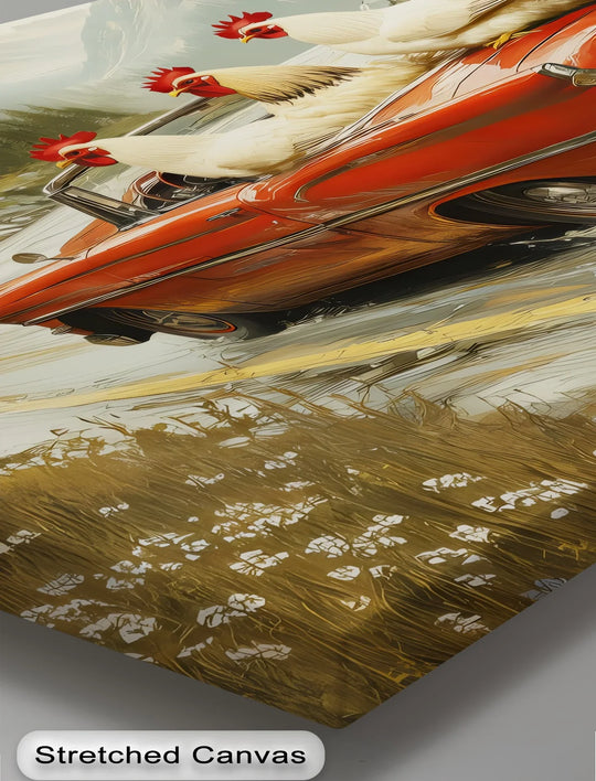 Blurring past a golden field, the retro red convertible with chickens shows the dynamic movement of this best canvas prints artwork.