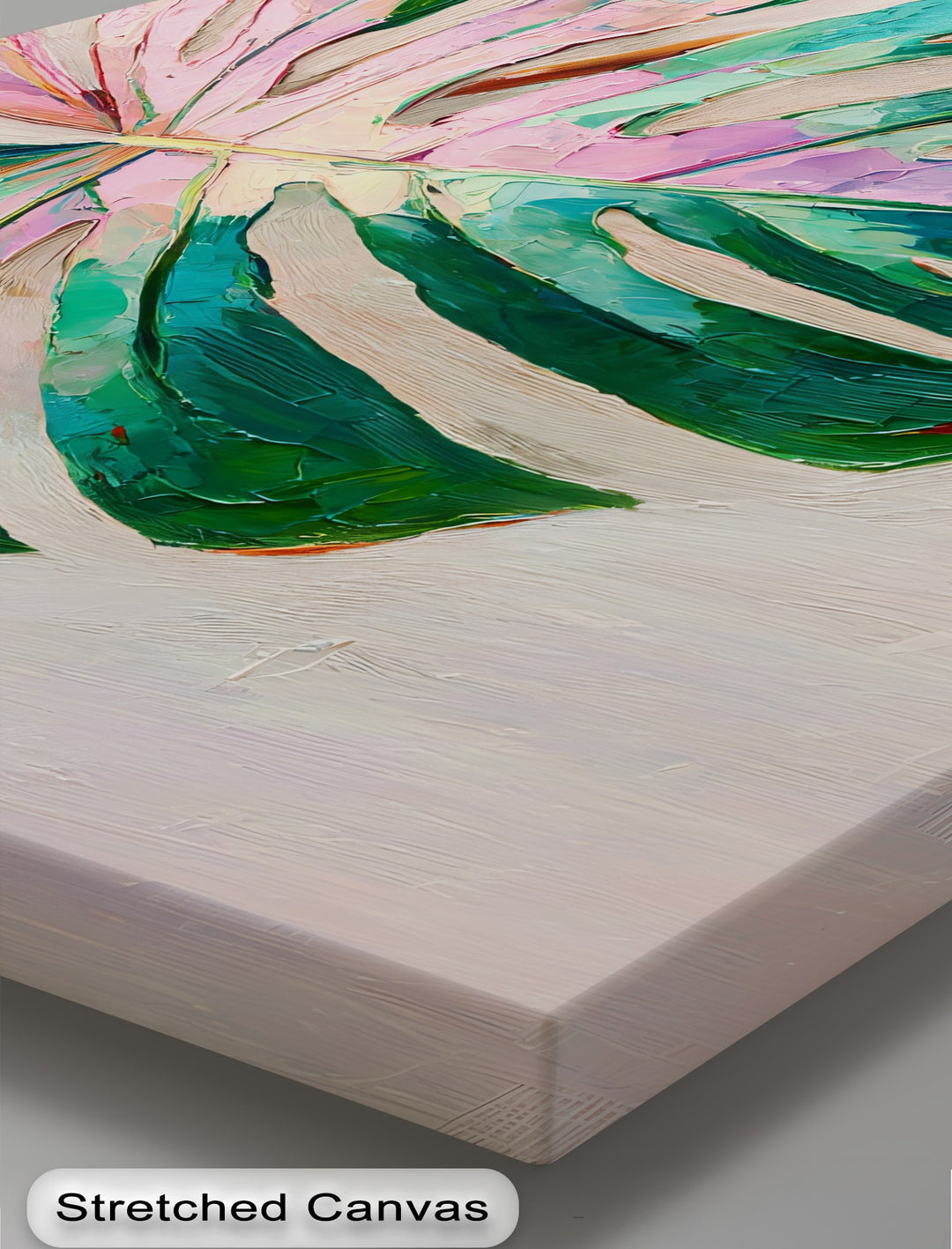 Organic strokes define the pink monstera leaf in this botanical canvas wall decor, highlighting the plant's fluid and segmented forms.