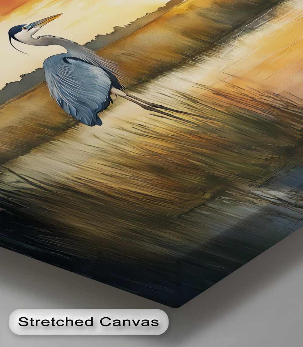 Marshland Silence – great blue heron canvas wall art with warm sunset tones.


