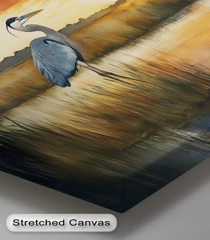 Marshland Silence – great blue heron canvas wall art with warm sunset tones.

