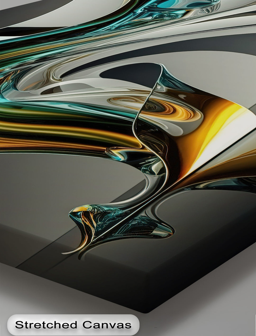 Deep, layered, and lustrous abstract canvas artwork features aqua, gold, and white flowing forms with a mesmerizing sense of depth.