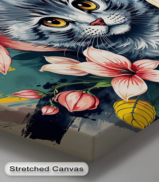 Layering effect showcases a gray kitten amidst the bloom burst of vibrant florals in this hanging canvas art print, creating a whimsical and dimensional design.