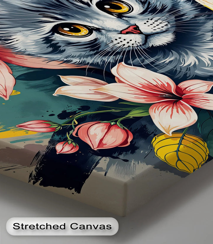 Bloom Burst – Gray Kitten with Vibrant Florals Cat Canvas Print - MyPhotoStation