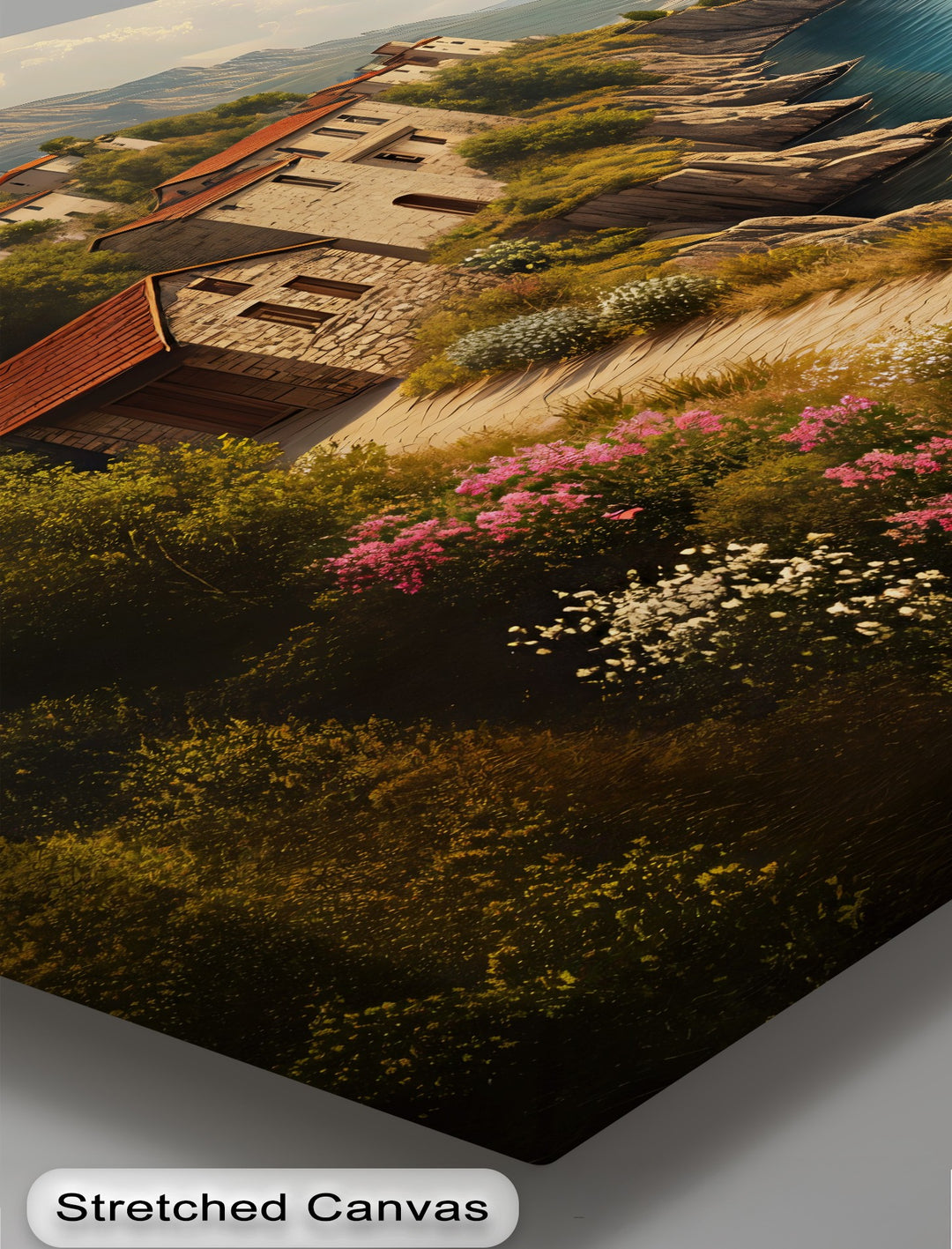 Cliffside Village Serenity – Mediterranean Coastal Canvas Wall Art | Framed Art