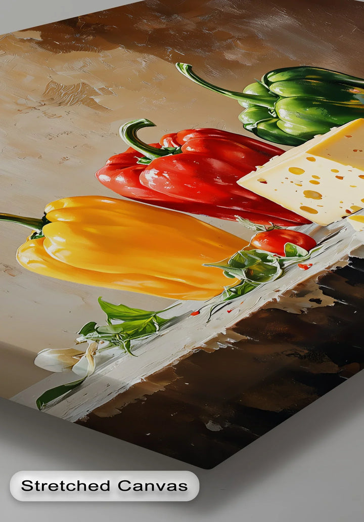 Colorful Bell Peppers & Cheese – Rustic Kitchen Canvas Print - MyPhotoStation