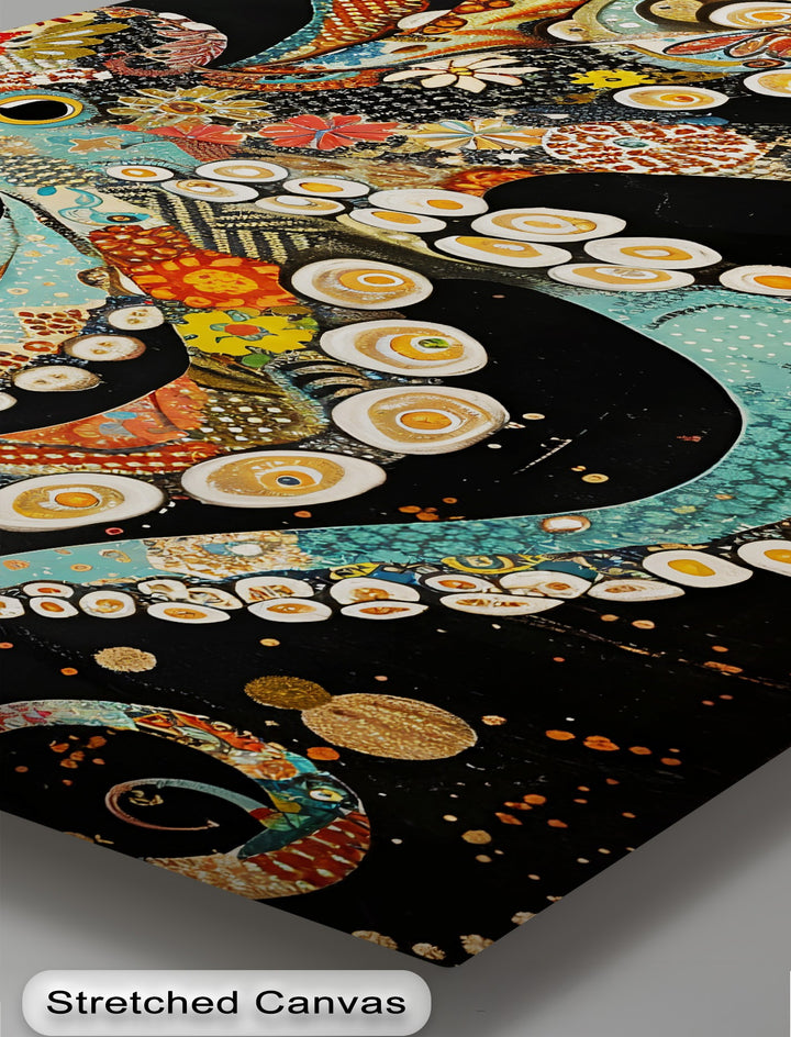 The focal point of this mosaic octopus canvas art features golden-yellow concentric forms resembling stylized eyes amidst colorful ocean patterns.
