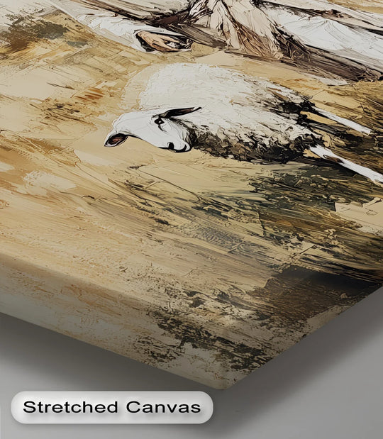 Warm tones dominate this big canvas prints artwork of Jesus with a lamb amidst a wheat field, creating a serene and comforting atmosphere.