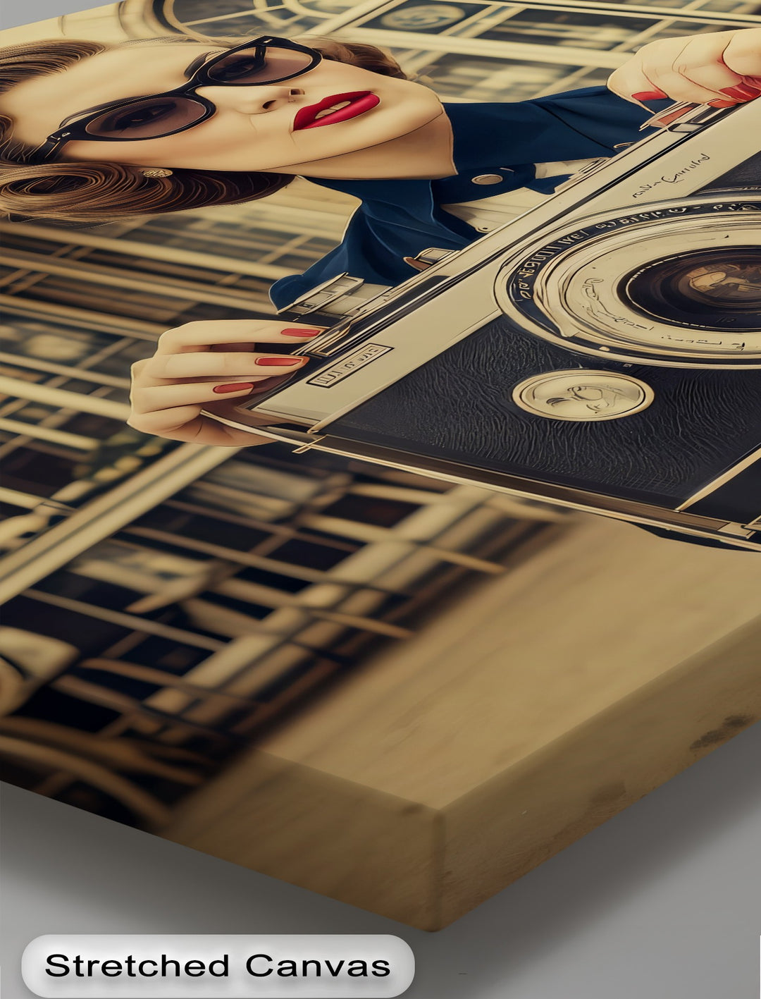 Retro Portrait with Giant Camera – Vintage Glamour Canvas Print